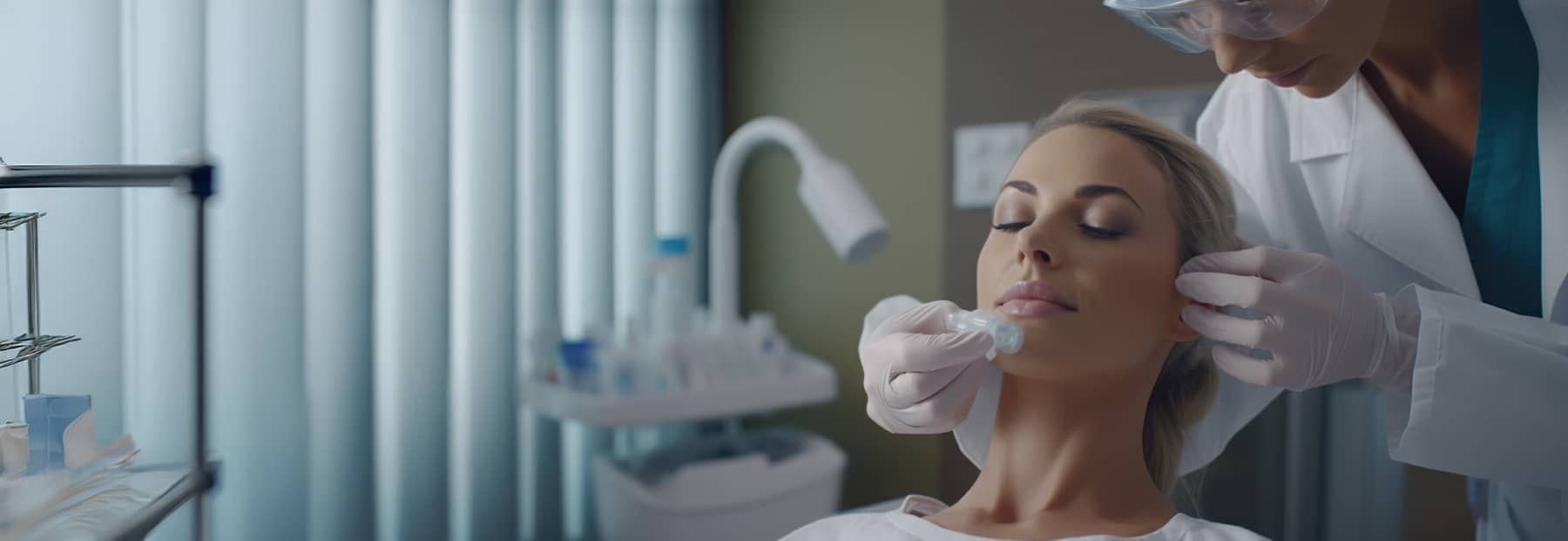 Client lying down calmly in medical office with doctor wiping down client's face to prepare for botox treatment.