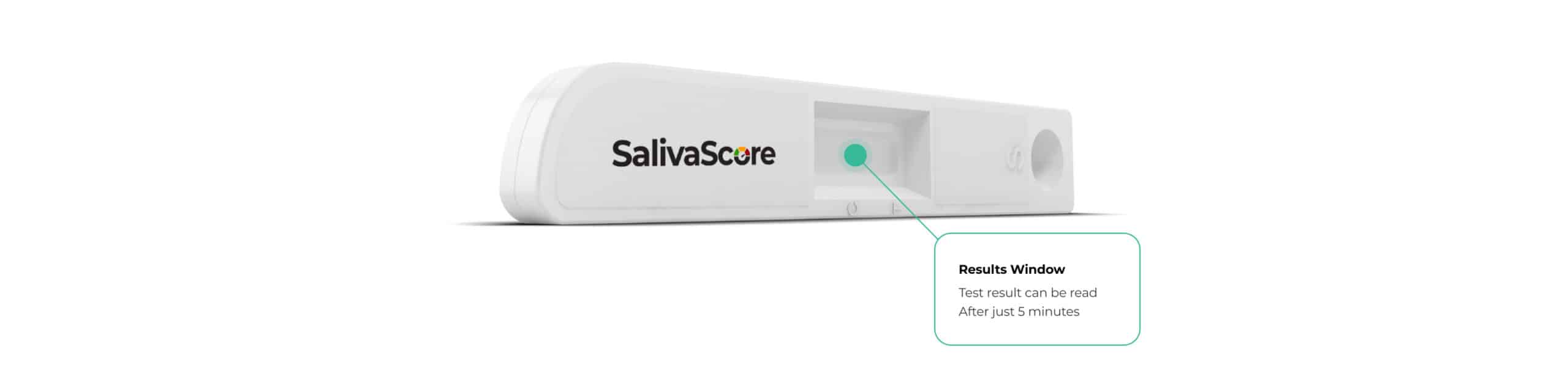 SalivaScore oral indicator tool highlighting the results window with the caption "test results can be read after just 5 minutes."